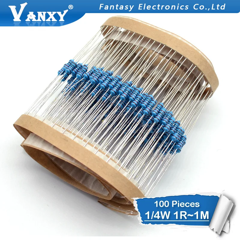 Resistencia de película de Metal, 1/4W, 1R ~ 1M, 100R, 220R, 330R, 1K, 100K, 1,5 K, 2,2 K, 3,3 K, 10K, 22K, 47K, 4,7 K, 100, 100, 220, 1K5, 2K2, 3K3, 100 Uds. 4K7 ohm