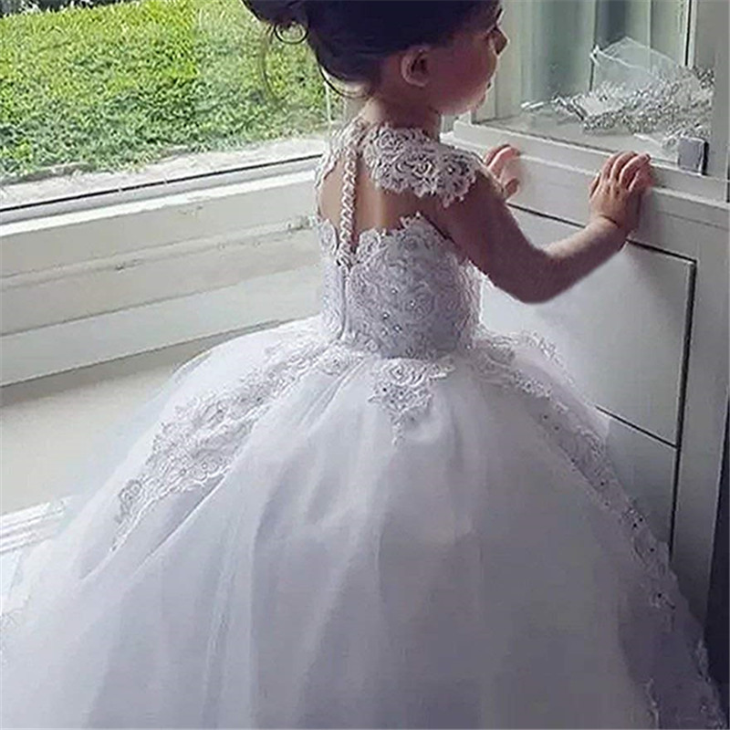 Sleeveless Ballkleid Prinzessin Blume Mädchen Kleider Appliques mit Perlen Stunning Nette Mädchen Erstkommunion Kleid Weiß
