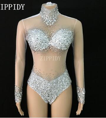 Body Sexy de malla transparente para mujer, traje de fiesta de cumpleaños, mamelucos de diamantes de imitación, traje de baile de equipo de cantante, rosa, blanco, azul
