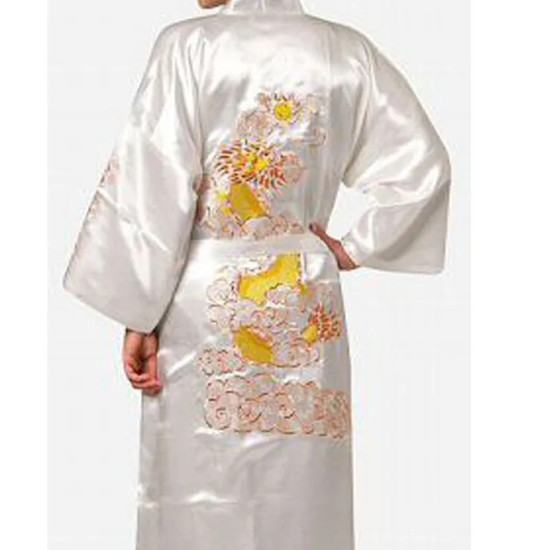 ネイビーブルー中国メンズサテンシルクローブ刺繍着物バスガウンドラゴンサイズ SML XL XXL XXXL S0008