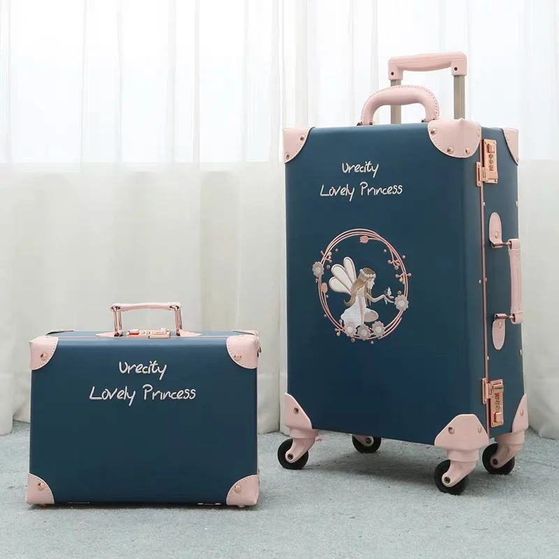 Bolsa de viagem floral PU vintage para mulheres, conjuntos de bagagem de rolamento, mala retrô em rodas universais, 13 ", 20", 22 ", 24", 26 ", quente, novo