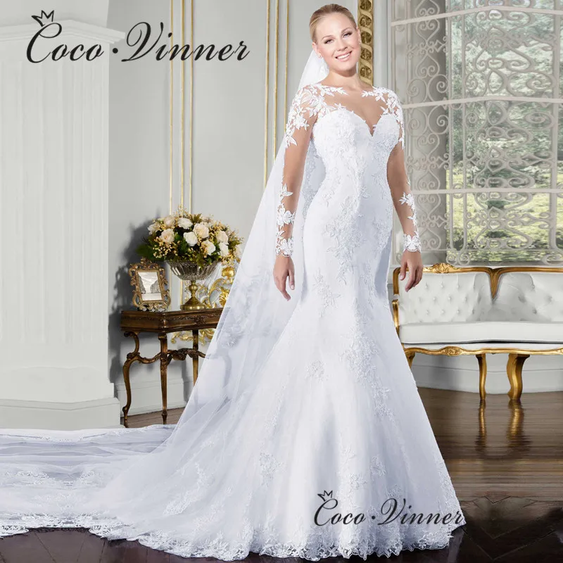 Abiti da sposa a sirena a maniche lunghe con scollo a V personalizzati 2025 Nuova illusione sul retro Appliques in pizzo Elegante abito da sposa per le donne W0058