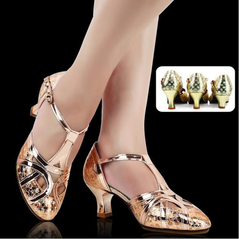 Zapatos de baile latino de cuero con purpurina para mujer, punta cerrada, suela suave, zapato moderno para Salsa, zapatos de baile de salón de Tango, tacón de 3,5/5,5/6,5 cm