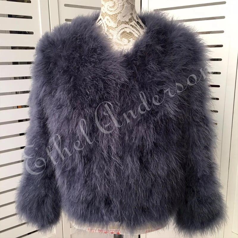 Nova temporada 100% macio feather feather feather casacos de pele artesanal de malha genuíno casaco de pele de avestruz feminino varejo jaqueta de pele natural