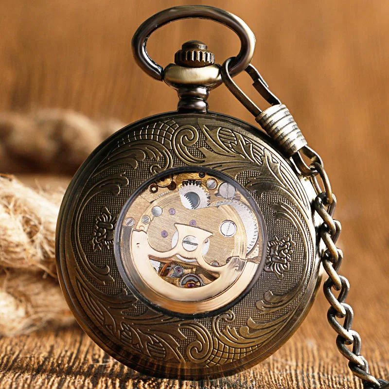 Selbstaufziehende Taschenuhr, Kupfer, modisch, Bronze-Anhänger, glatt, Retro-Skelett, Unisex, automatisch, mechanisch, stilvoll, Thanksgiving-Geschenk