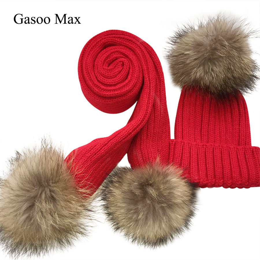 Kinder gestrickte Schal und Hut Set Luxus Winter Warm Häkeln Hüte und schals mit echtpelz pom Beanie Hut für jungen und mädchen