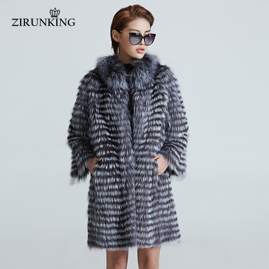 ZIRUNKING ニットリアルシルバーキツネの毛皮のコートファッション毛皮ジャケットストライプスタイルの衣装女性キツネの毛皮秋 ZCW-02YL