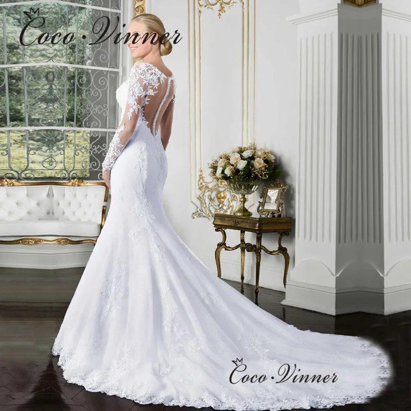 Abiti da sposa a sirena a maniche lunghe con scollo a V personalizzati 2025 Nuova illusione sul retro Appliques in pizzo Elegante abito da sposa per le donne W0058