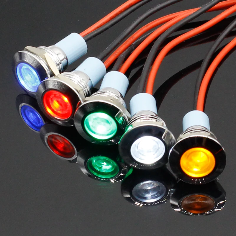 1 peça luz de sinal 3v 6v 12v 24v 220v 12mm luz indicadora circular plana de metal à prova d'água com fios vermelho, amarelo, azul-verde