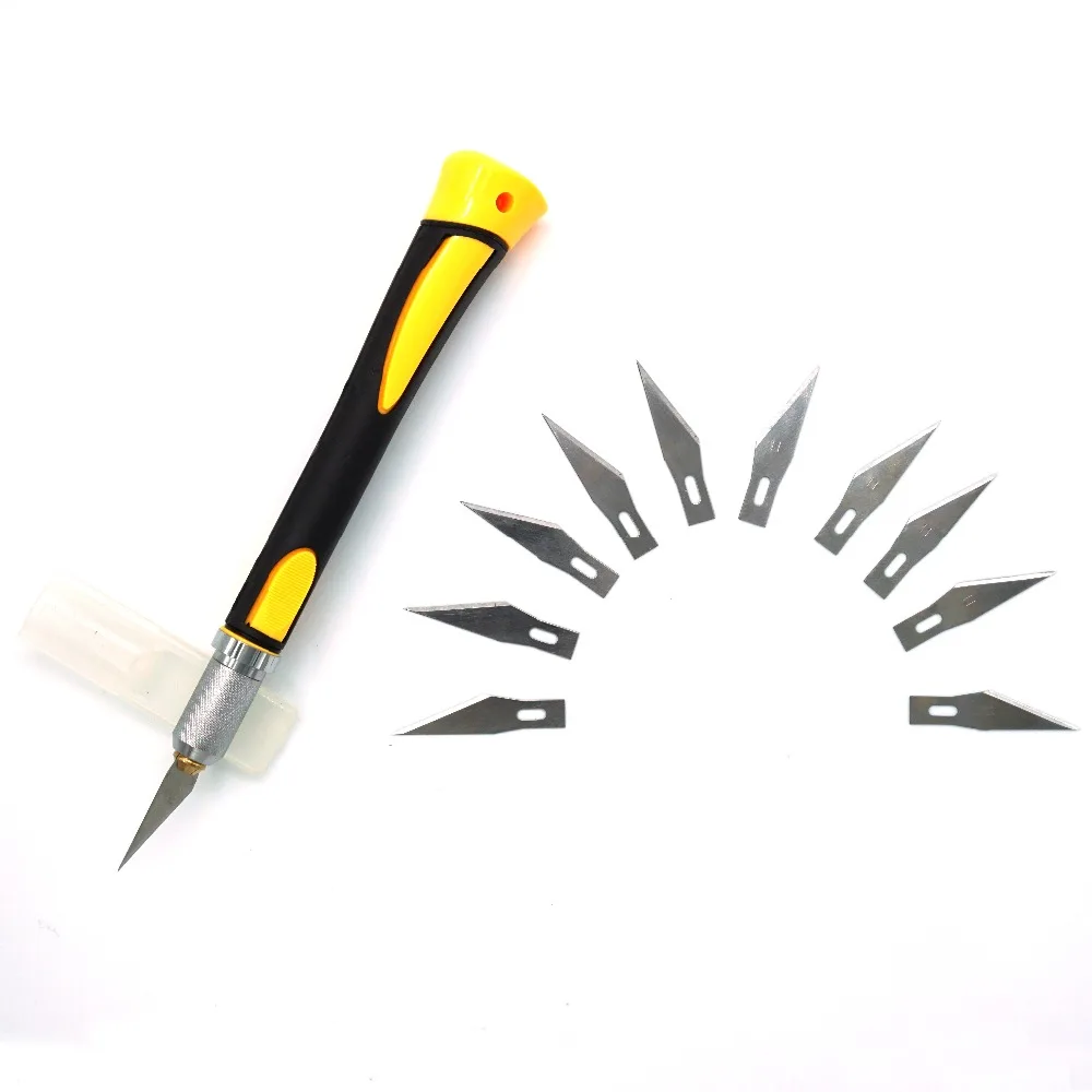 Chống Trơn Trượt Kim Loại Dao Mổ + 11 Chiếc SK5 Lưỡi Dao Khắc Gỗ Dao Trái Cây Thực Phẩm Thủ Công Điêu Khắc Khắc Dao Tay dụng Cụ WL-9302S
