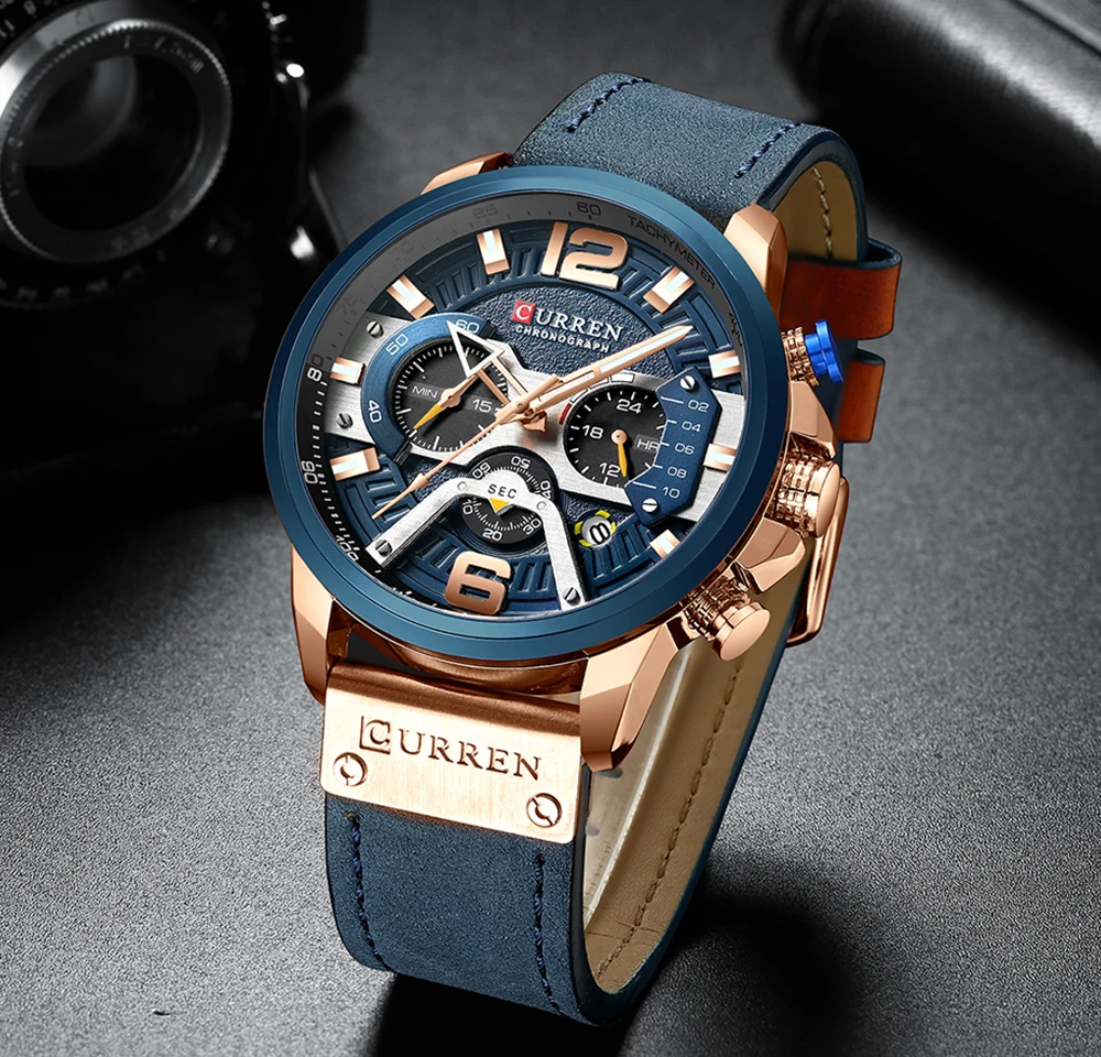 CURREN Reloj Analógico de Cuero para Hombre, Cronógrafo, Accesorio de Pulsera, Resistente al Agua, Complemento Masculino, Deportivo, Marca de Lujo, Diseño Moderno, Color Azul, 2021