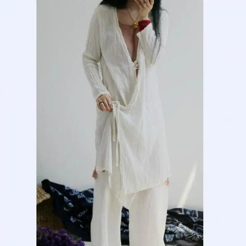 USWMIE-Blusa de manga larga con cuello en V para mujer, camisa holgada de estilo Retro, Simple e informal, con protección solar, para verano, 2017