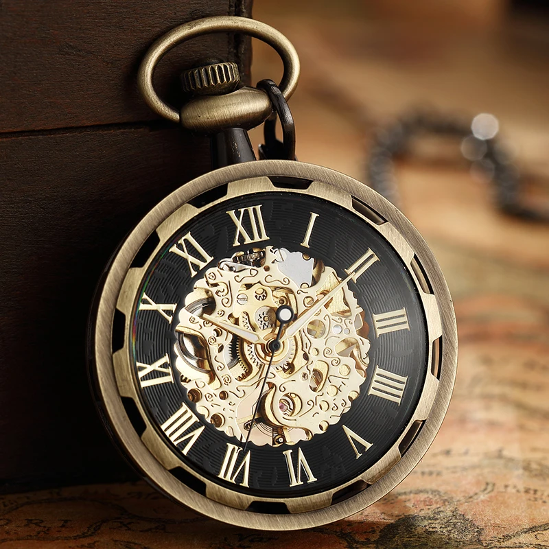 หรูหราโบราณ Skeleton Mechanical นาฬิกาพ็อกเก็ตนาฬิกาผู้ชาย Steampunk Mechanical Fob นาฬิกานาฬิกาจี้ Hand-winding Relogio De Bolso