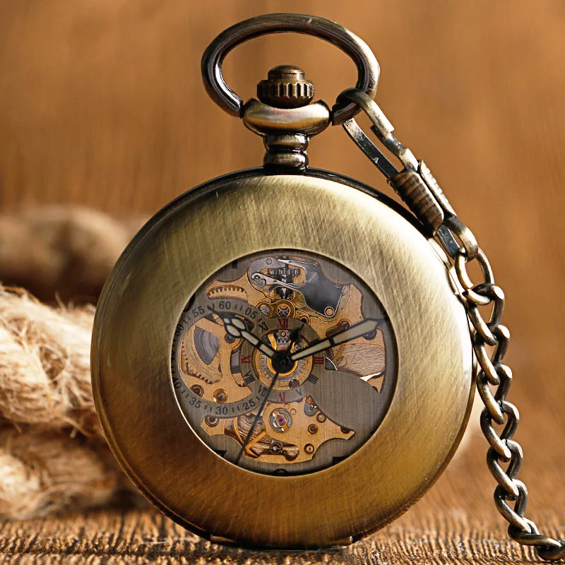 Selbstaufziehende Taschenuhr, Kupfer, modisch, Bronze-Anhänger, glatt, Retro-Skelett, Unisex, automatisch, mechanisch, stilvoll, Thanksgiving-Geschenk