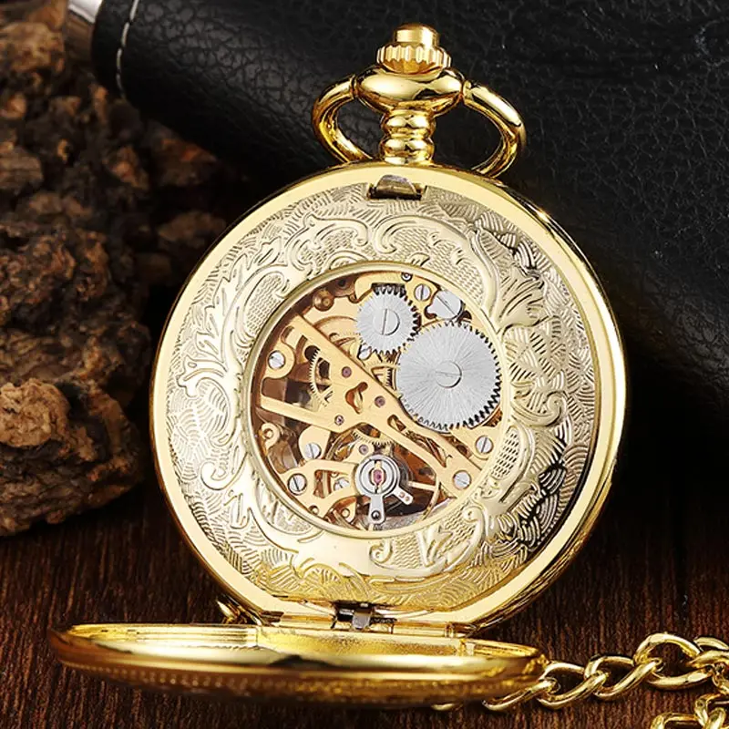 Reloj de bolsillo mecánico con patrón de ciervo dorado para hombre y mujer, pulsera Vintage de doble cara Steampunk Fob, cadena de reloj