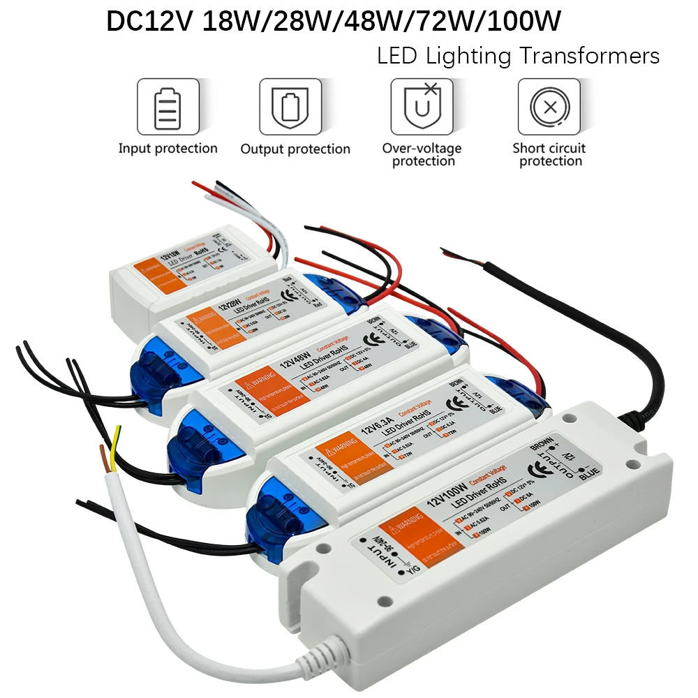 1 Chiếc DC12V Cung Cấp Điện Đèn Lái 18W / 28W / 48W / 72W / 100W Chiếu Sáng Biến Áp Công Tắc Dây Đèn LED Âm Trần