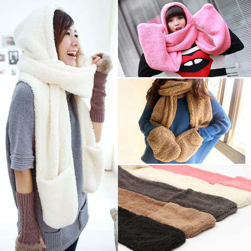 2024 nova moda inverno quente feminino luvas com capuz bolso earflap chapéu longo cachecol xale snood envolve conjuntos de cachecóis de inverno para mulher