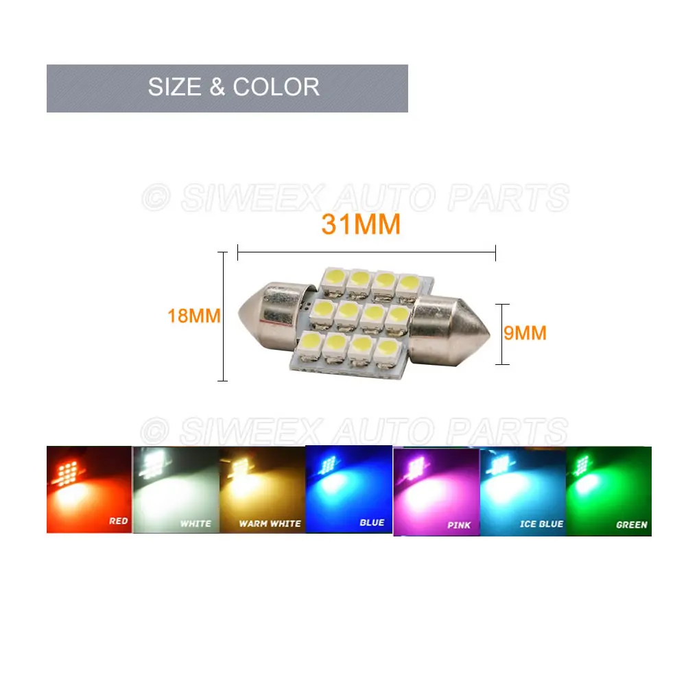 31Mm 3528 1210 SMD 12 Đèn LED Xe Hơi Ô Tô Tự Động Festoon Dome Nội Thất Bản Đồ Đèn Bóng Đèn 12V xanh Xanh Đỏ Đá Xanh Dương Trắng