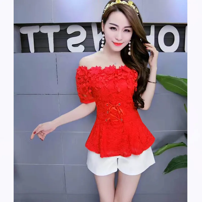 2018 Phụ Nữ Mùa Xuân Mùa Hè Áo Sơ Mi Ngọt Ngào Tie Hoa Ren Áo Lady Short Sleeve Slash Cổ Backles Áo Cánh Ngắn Blusas Ngọn AB831