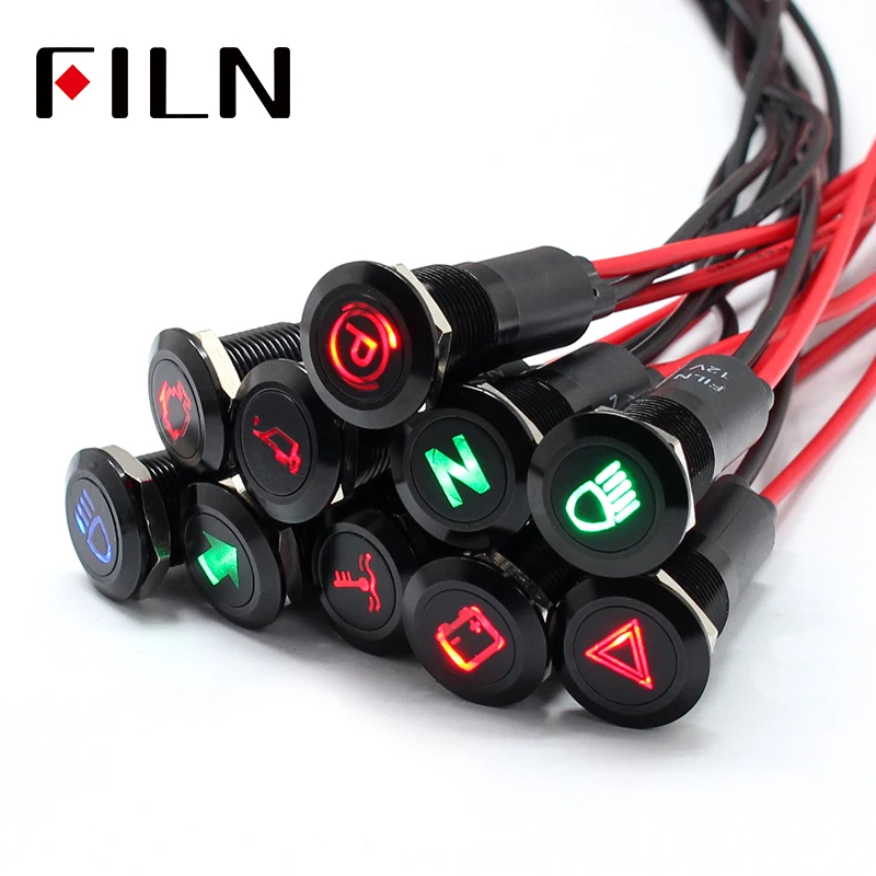 12มม.กันน้ำ FILN 12V LED รถเรือ LED คำเตือนแดชบอร์ดไฟสัญญาณเครื่องมือ Pilot สีดำ Chrome เสร็จสิ้น