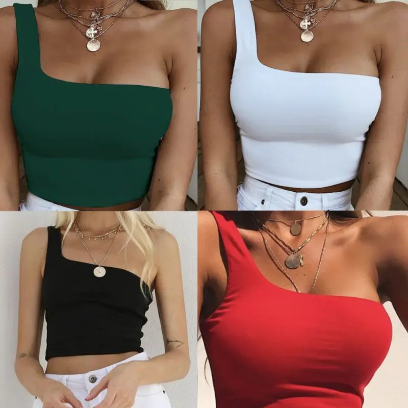 女性レディ女性ワンショルダークロップトップスノースリーブ Tシャツタンクトップ夏のビーチベスト裸の腹部夏のファッション服