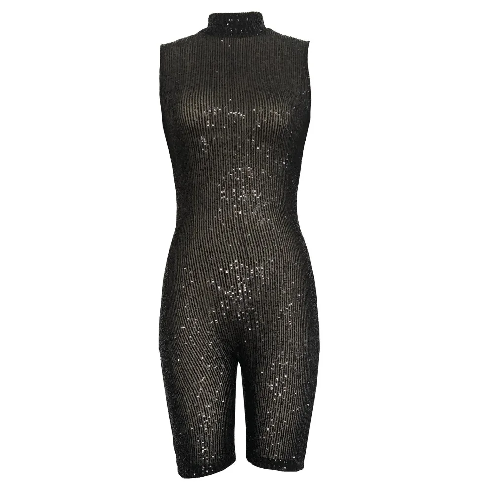 スパンコール遊び着ボディセクシーなタンクロンパースレディースジャンプスーツボディコンショート女性服 2019