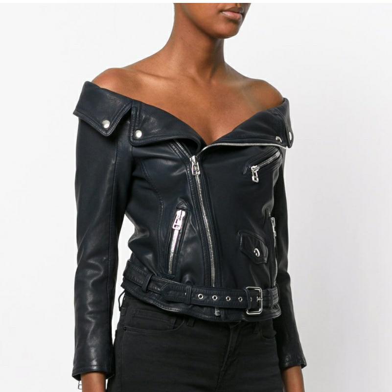 ฤดูใบไม้ผลิใหม่ผู้หญิงเซ็กซี่ปิดไหล่สั้น Sheepskin ของแท้หนัง SLIM FIT Punk Coat รถจักรยานยนต์จริงหนังแจ็คเก็ต 2XL