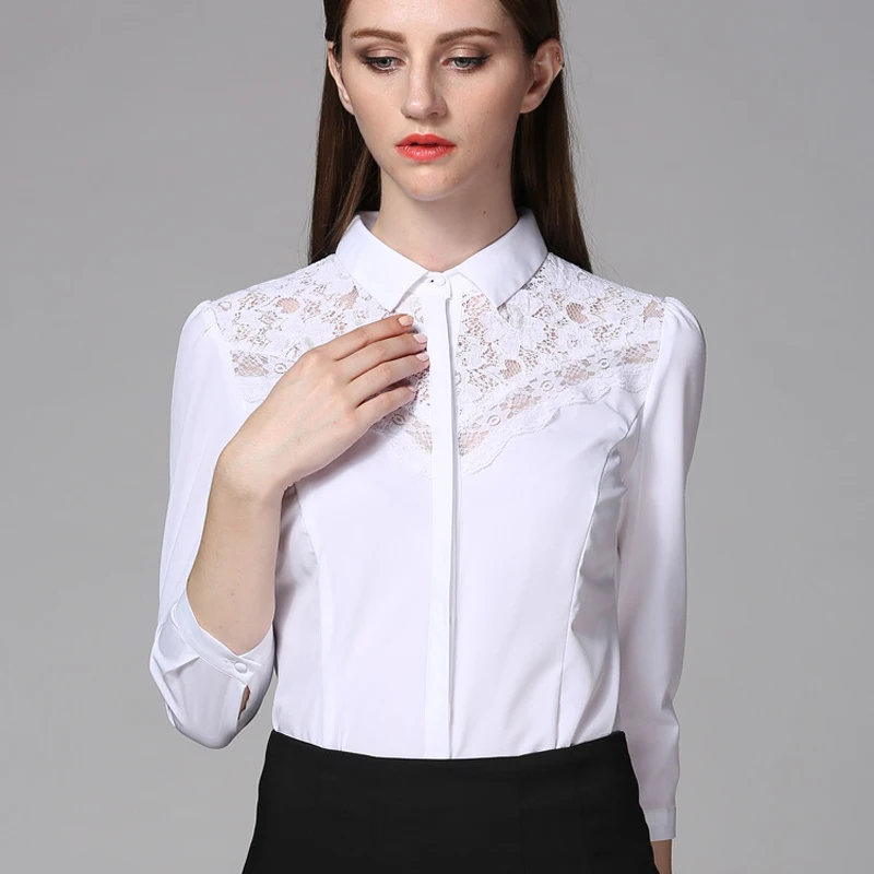 ใหม่ผู้หญิงเสื้อ SLIM FIT Turn-Down แฟชั่นลูกไม้ Patchwork ออกแบบสามสีดำ SY0287 S-XL