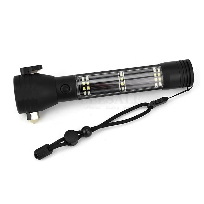 Đa Chức Năng Tự Vệ Đèn Pin Năng Lượng Mặt Trời Xe Ô Tô Cứu Sinh Nhấp Nháy Đèn LED Khẩn Cấp Dụng Cụ Phá Kính 120dB Báo Động