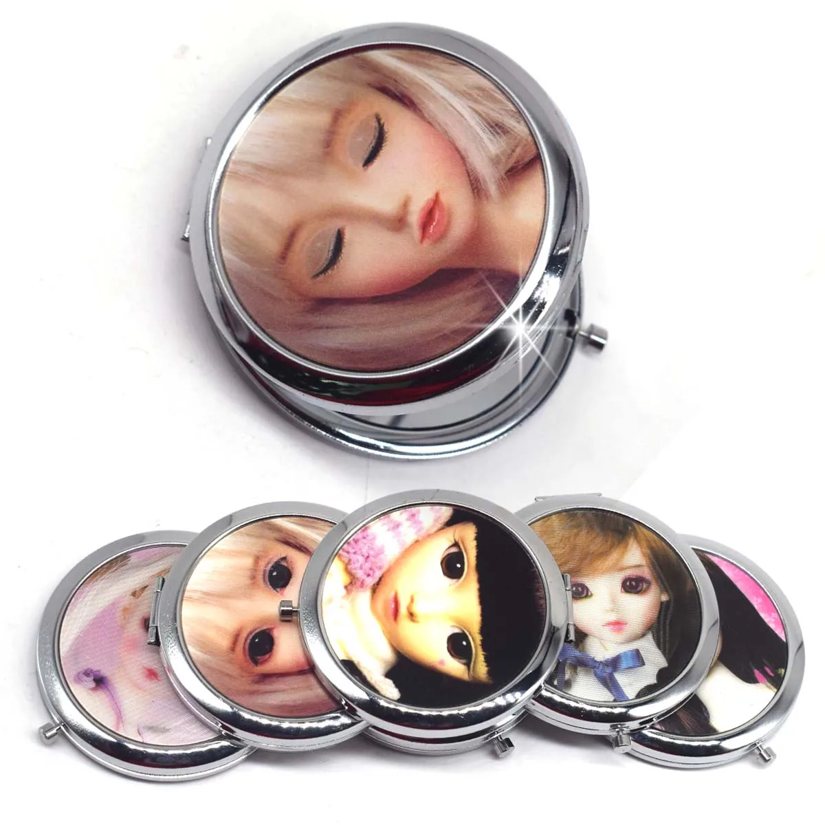 Búp Bê Gương Trang Điểm Mini Bỏ Túi Đựng Mỹ Phẩm Nhỏ Gọn Di Động Gương Kép Mặt Thép Không Gỉ Đựng Mỹ Phẩm Trang Điểm Gương