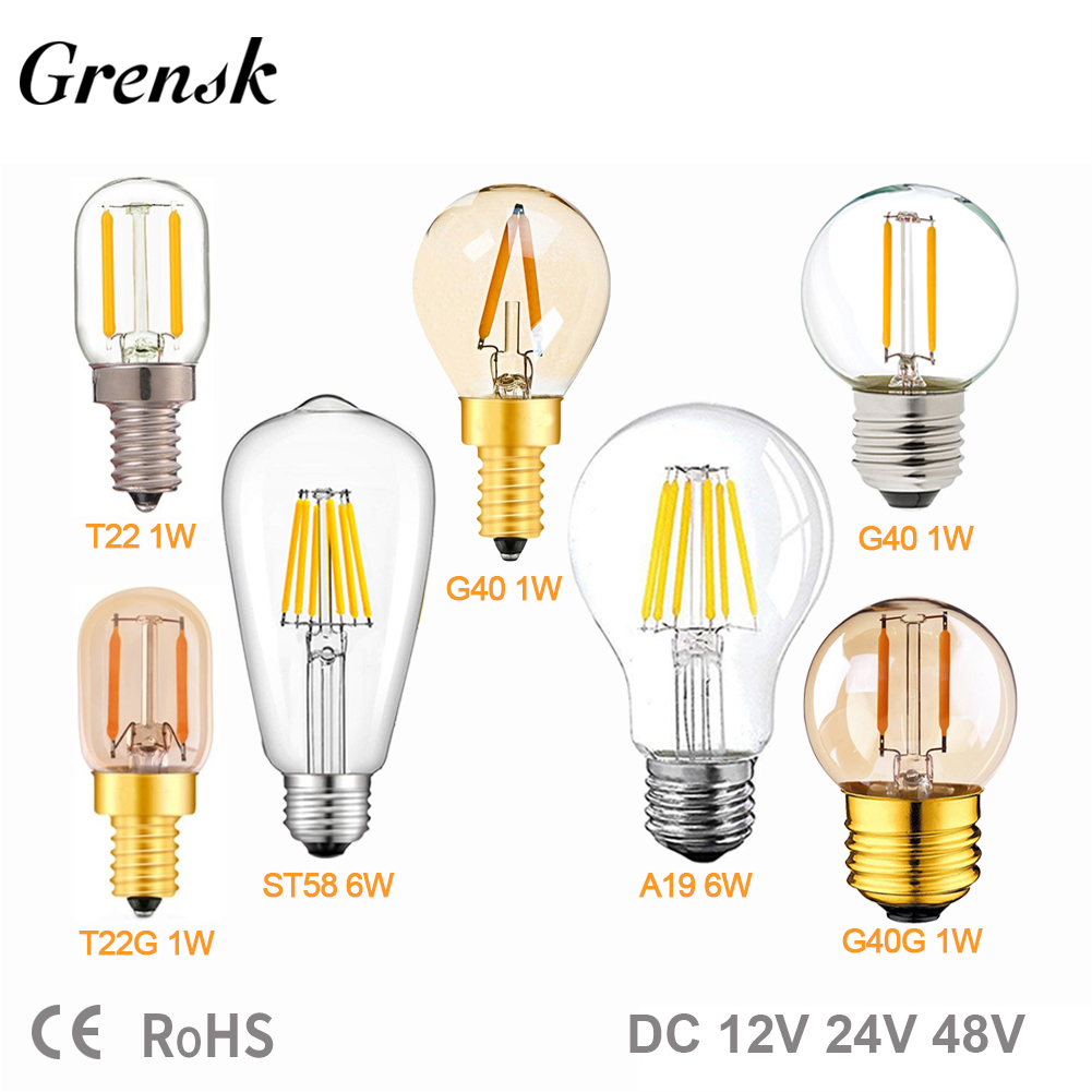 Bombilla LED E27 de 12V y 24V, luz diurna blanca T22, G40, de bajo voltaje, 1W, E12, E14, lámpara RV, locomotora, para habitación, A19, ST58, 6W, E27