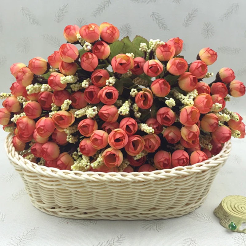 Pequeño capullo rosas Bract flores de simulación rosa de seda accesorio de flores decoraciones para el hogar para el Día de San Valentín 15 cabezas/ramo