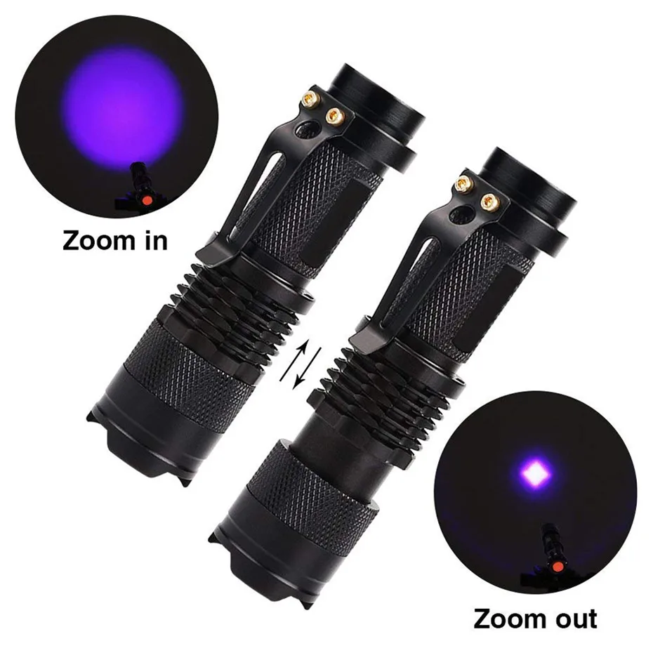 Linterna LED UV, antorcha ultravioleta con función de Zoom, Mini luz negra UV, Detector de manchas de orina para mascotas, caza de escorpiones