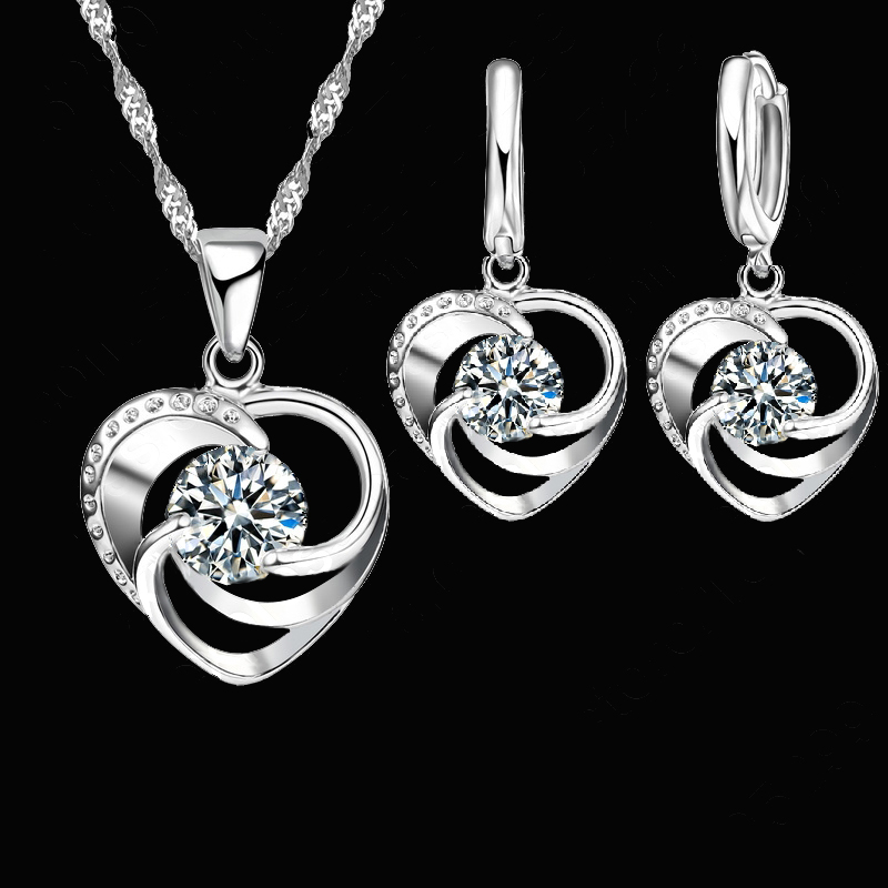 Conjunto de collar y pendientes de plata de ley 925 para mujer, cadena larga, estilo romántico, forma de corazón de amor, dama y esposa
