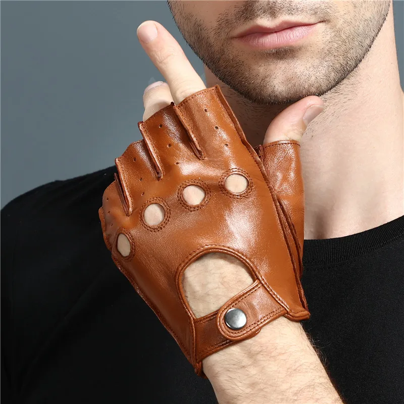 คุณภาพสูง Man's Half Finger ถุงมือ Breathable Non-SLIP ฟิตเนสหนัง Fingerless ถุงมือสีดํา CAMEL ขับรถถุงมือชาย NAN7