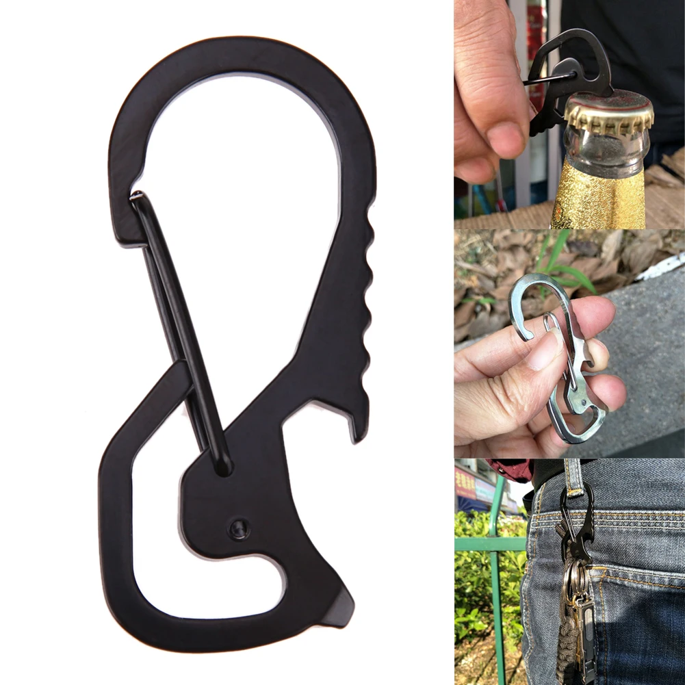 Gancho para llavero con mosquetón de acero inoxidable para exteriores, elevador de tapa, abridor de botellas con conductor hexagonal, accesorios de escalada
