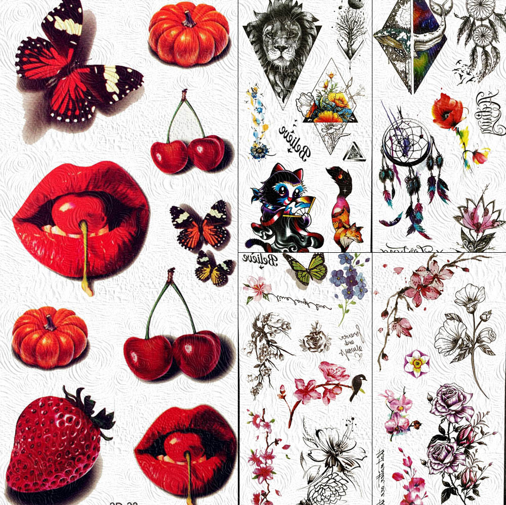 Tatuajes Temporales falsos para mujeres y niñas, labios sexys, cereza, pegatina de mariposa, arte corporal, brazo, impermeable, papel de tatuaje para adultos, tatuajes 3D