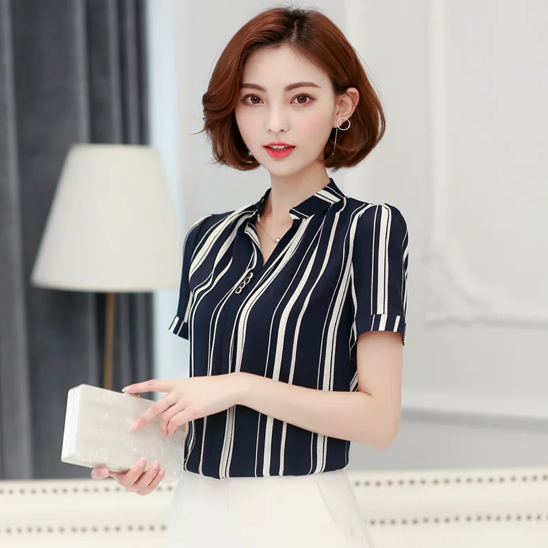 半袖シフォンブラウス女性の夏の V-襟ゆるいおしゃれなプリントボトムシャツオフィスレディースワークトップ服 h9023