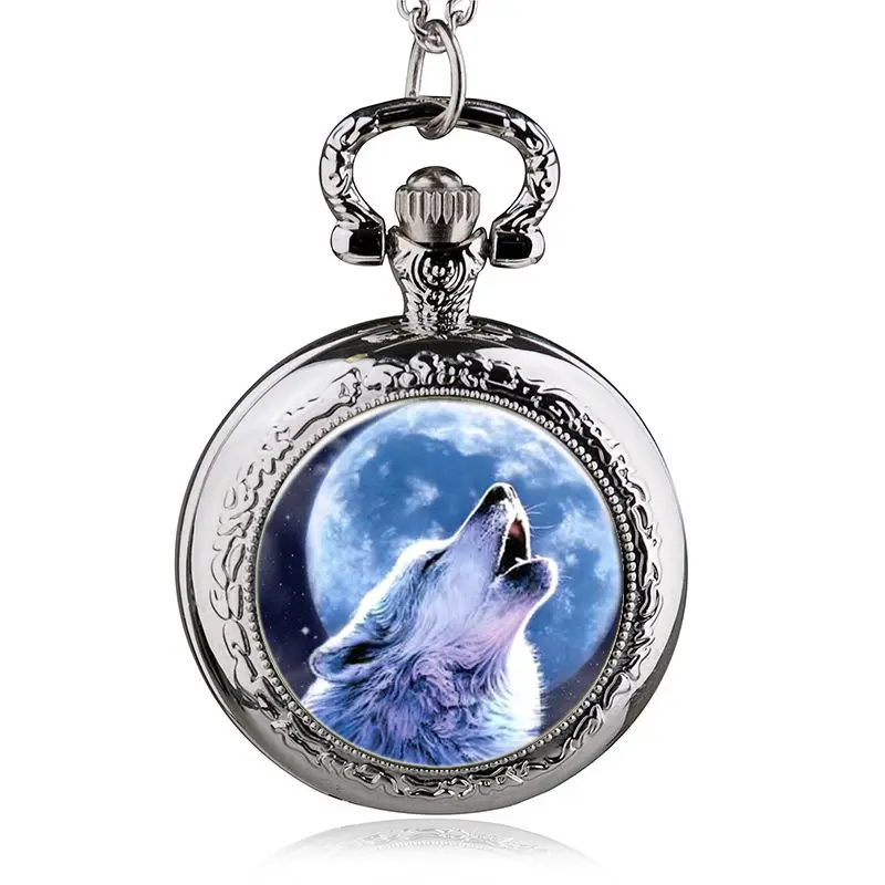 Collar de reloj de bolsillo de cuarzo de tamaño medio, colgante de lobo plateado, regalos para hombres y mujeres