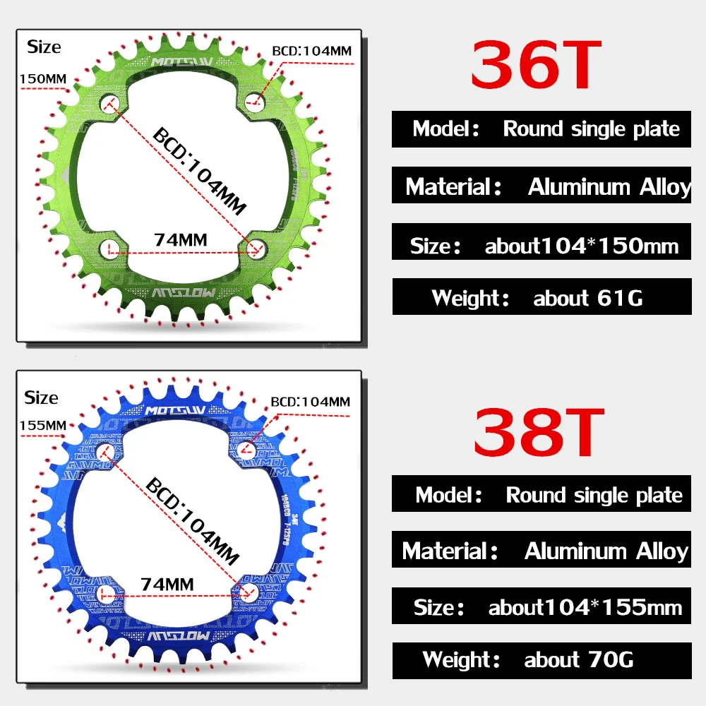 Xe Đạp MTB Hình Vòng Tròn Hẹp Rộng Chainwheel 32T/34T/36T/38T 104BCD Chainring xe đạp Vòng Tròn Crankset Đơn Tấm Phụ Tùng Xe Đạp