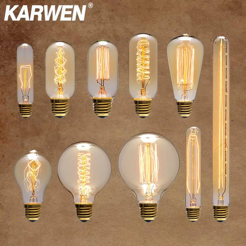 KARWEN Vintage żarówka Edisona E27 40w 220v Ampułka vintage żarówka Edisona ST64 G80 G95 A19 T10 T45 żarówka żarówka
