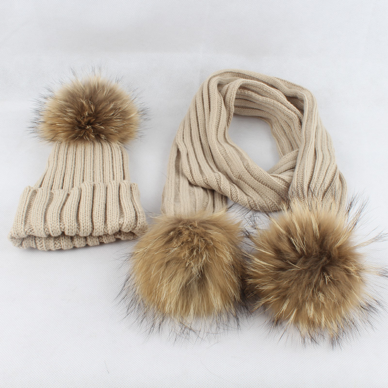 Gorro de invierno para niños, conjunto de bufanda, gorro de punto cálido para bebés, gorro con pompón de piel auténtica para niños y niñas, gorro de invierno, gorros
