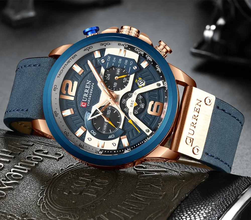 CURREN Reloj Analógico de Cuero para Hombre, Cronógrafo, Accesorio de Pulsera, Resistente al Agua, Complemento Masculino, Deportivo, Marca de Lujo, Diseño Moderno, Color Azul, 2021