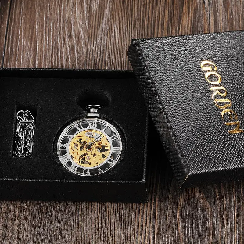 Reloj de bolsillo mecánico transparente de plata Retro con números romanos grandes, collar Steampunk, reloj Vintage con cuerda manual para hombres