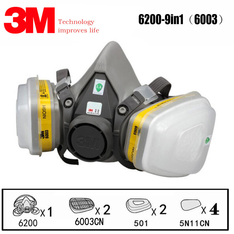 3M 6200+6001/6002/6003/6006 Halbgesichtsmaske, wiederverwendbare Atemschutzmaske, schützt vor Malerei, Sprühsäure