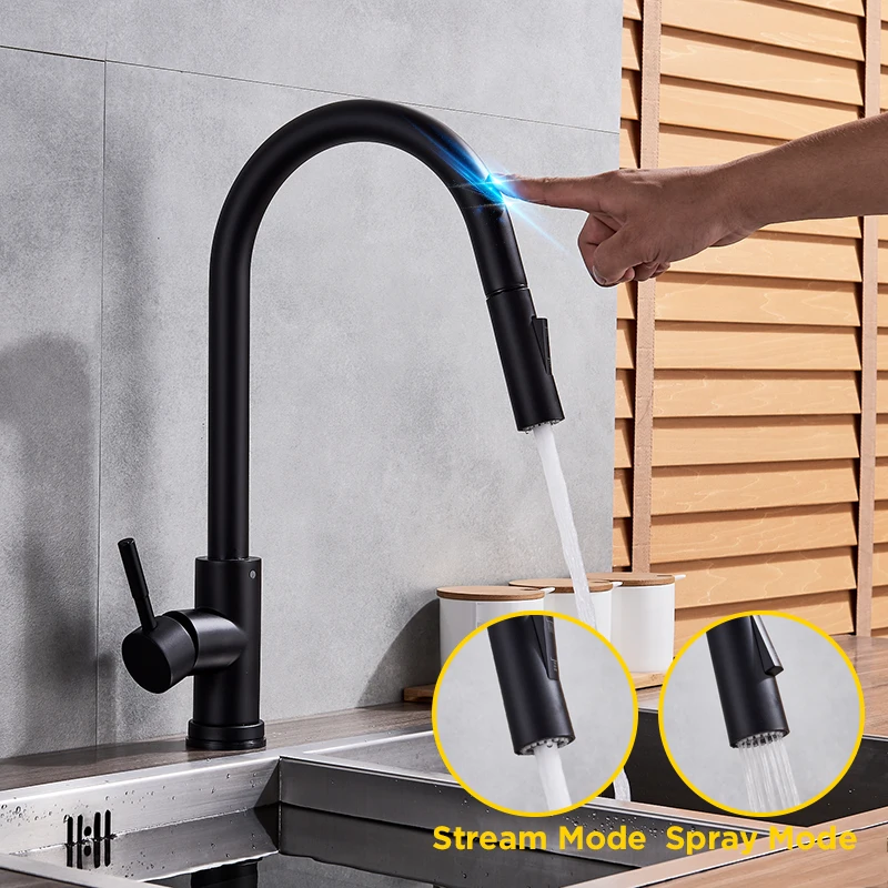 ดึงออกเซ็นเซอร์สีดําก๊อกน้ําห้องครัว Sensitive Touch Control ก๊อกน้ําผสมสําหรับห้องครัว Touch Sensor Kitchen Mixer Tap