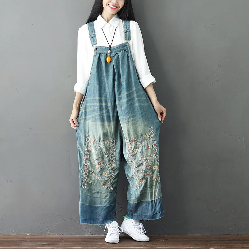 Monos vaqueros bordados para mujer, peto informal de pierna ancha, pantalones vaqueros, tirantes de talla grande