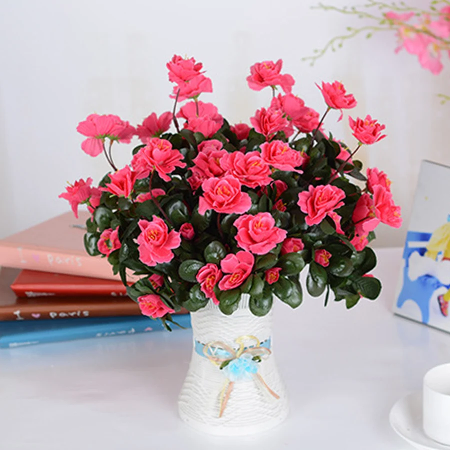 Azalea roja Artificial para otoño al aire libre, flores de alta calidad, arbustos, decoración resistente a los rayos UV, flores falsas, decoraciones para el hogar, pequeñas para jardín