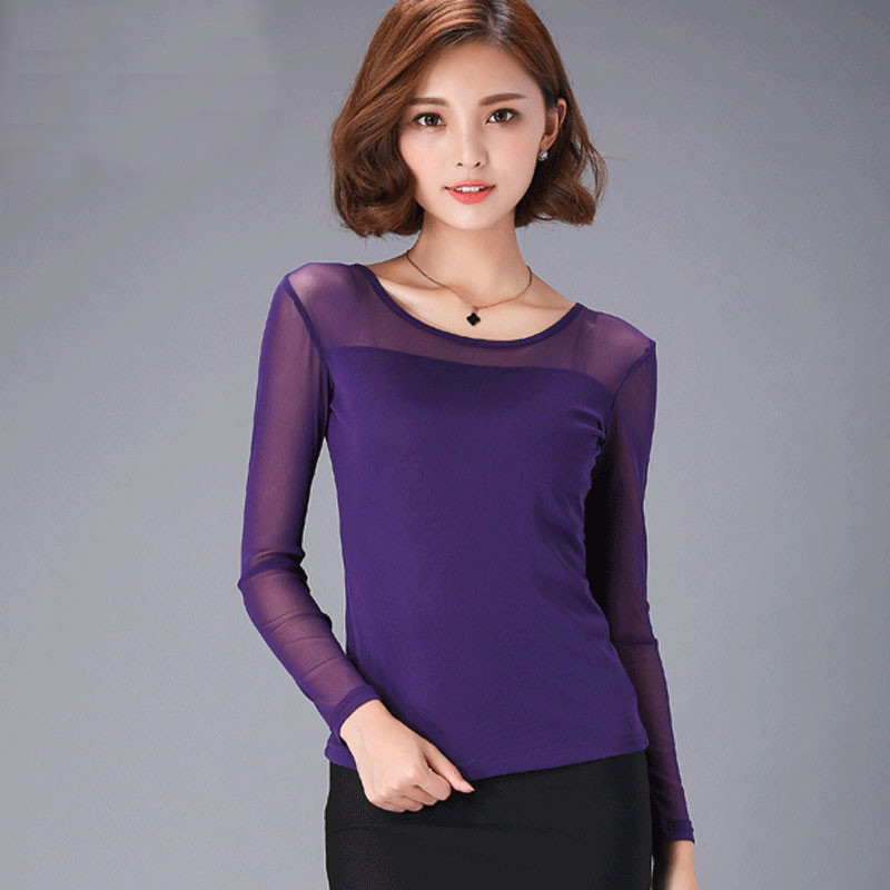 Sanishroly 2018 Summer Autumn Women Long Sleeve Blouses Thin Lace Blouse Ladies Solid Mesh Bottoming Shirt Tops Plus Size SE106