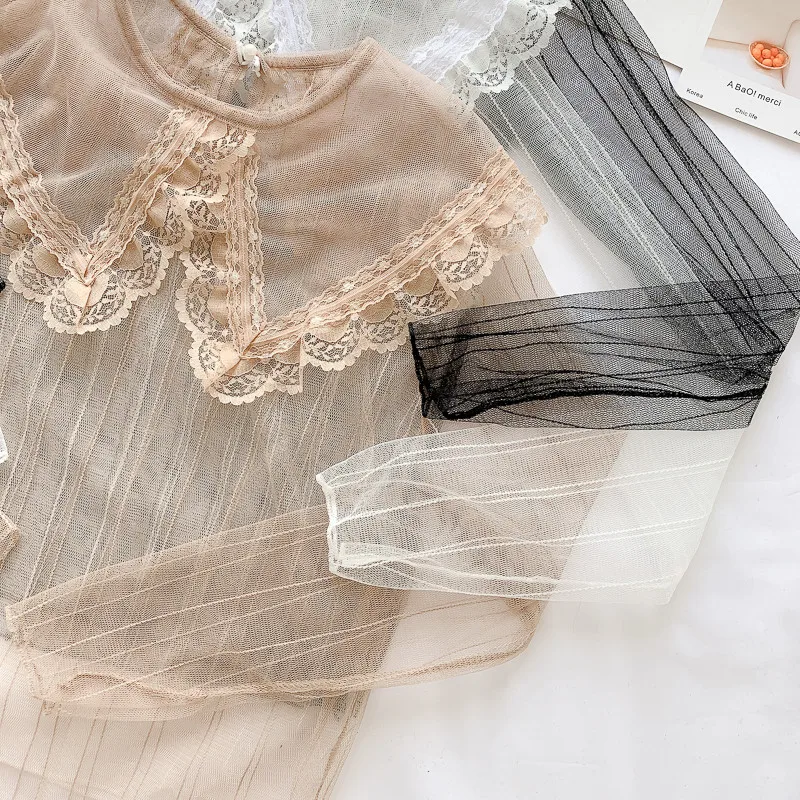 봄 여름 여성 할로우 아웃 메쉬 블라우스, 달콤한 러플 레이스 셔츠, 여성 피터팬 칼라, 긴팔 보터밍 블라우스, A1309